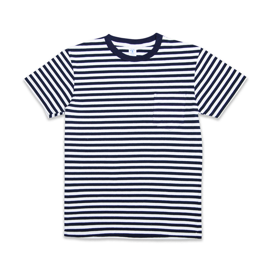 Uneven Stripe S/S C/N Tee w/Pkt / White/Navy