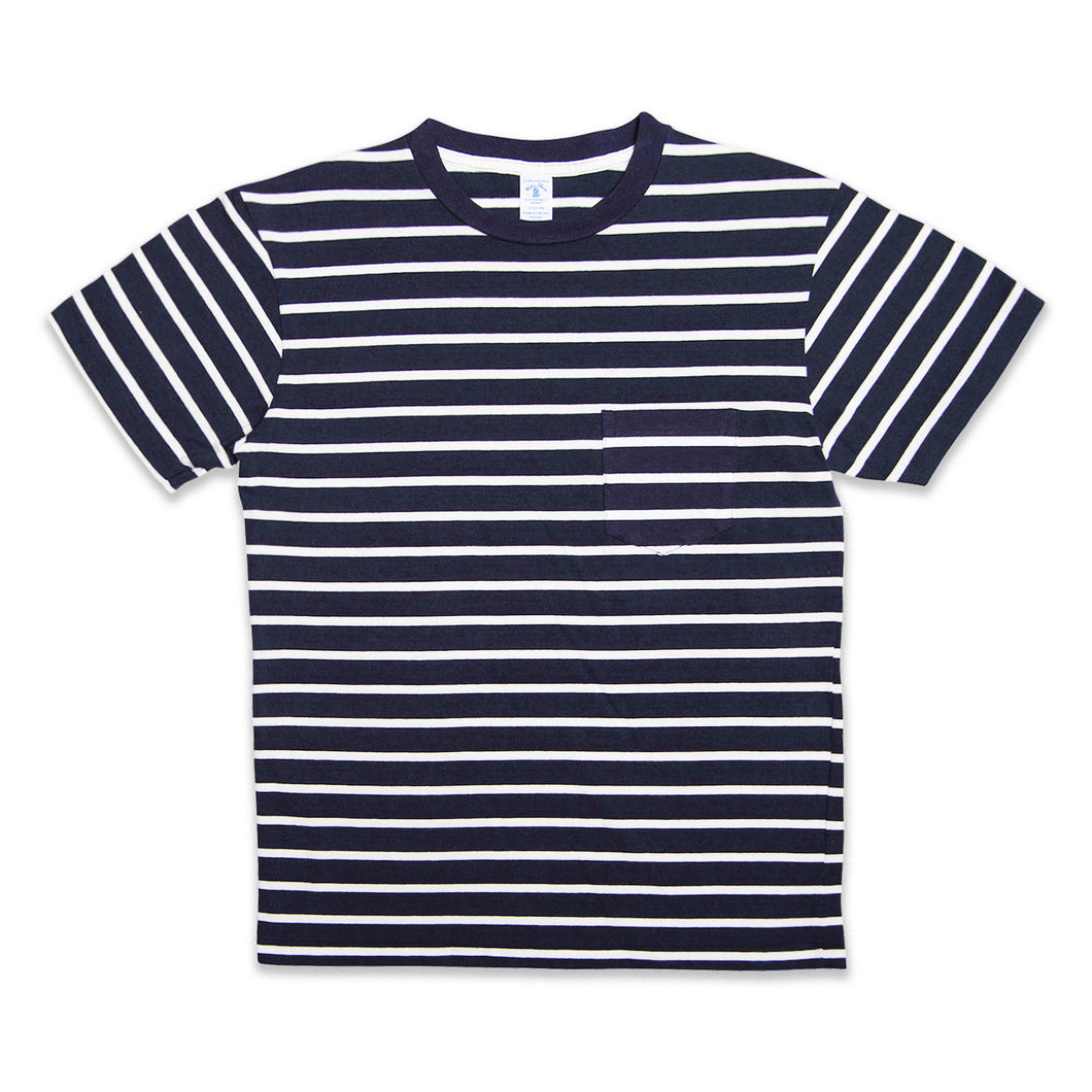 Uneven Stripe S/S C/N Tee w/Pkt / Navy/White