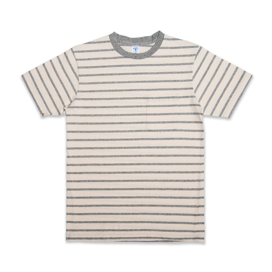 Uneven Stripe S/S C/N Tee w/Pkt / Oatmeal/H.Grey