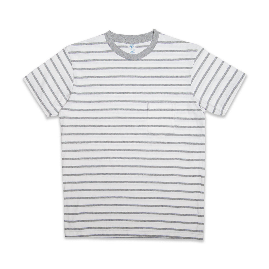 Uneven Stripe S/S C/N Tee w/Pkt / White/H.Grey