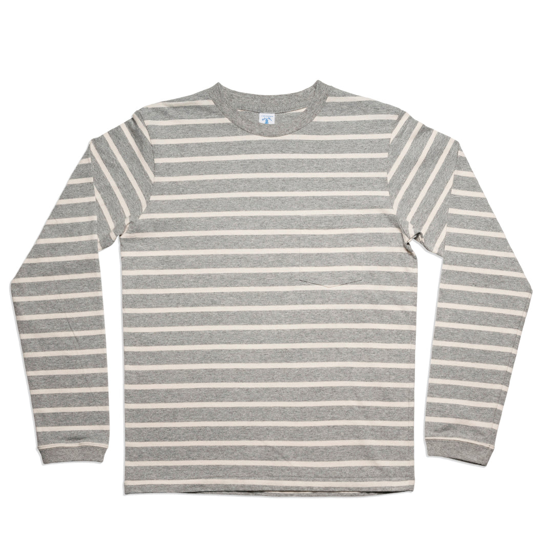 Uneven Stripe L/S C/N Tee w/Pkt / H.Grey/Oatmeal