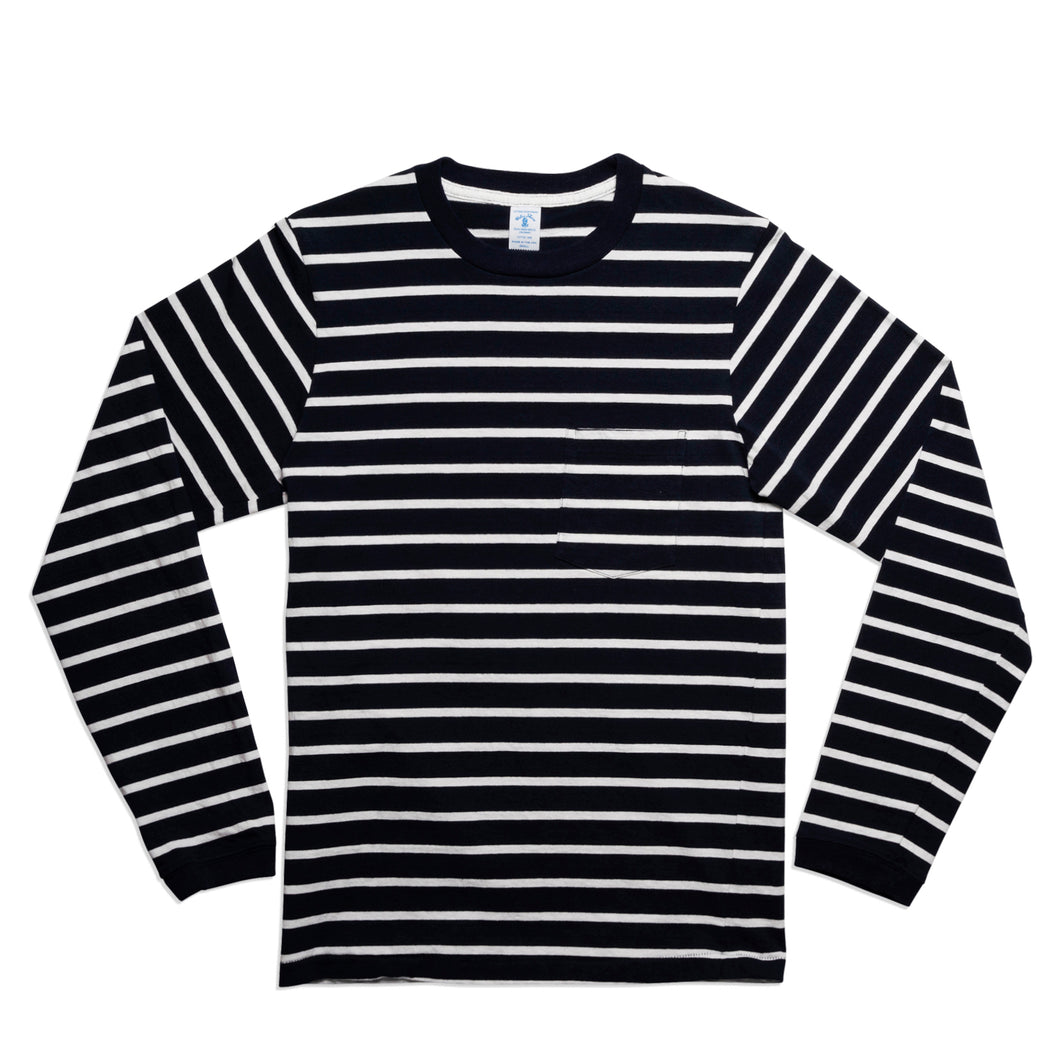 Uneven Stripe L/S C/N Tee w/Pkt / Navy/White
