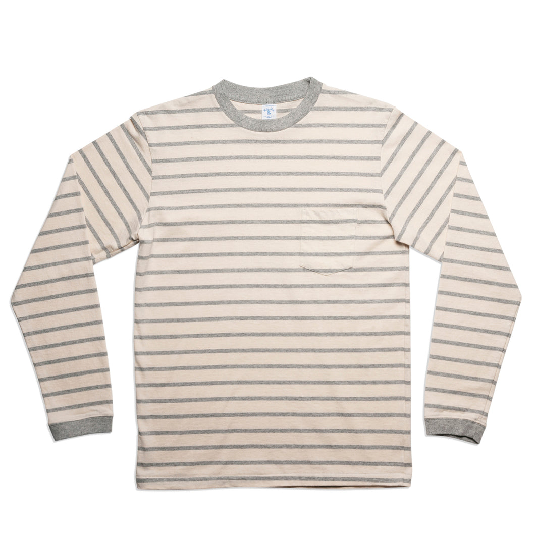 Uneven Stripe L/S C/N Tee w/Pkt / Oatmeal/H.Grey
