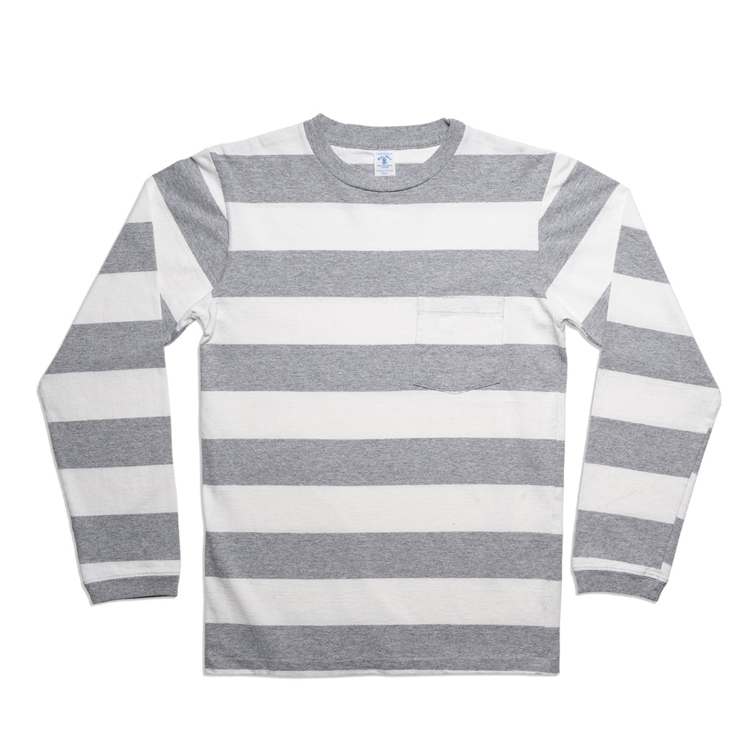 Wide Stripe L/S C/N Tee w/Pkt / White/H.Grey